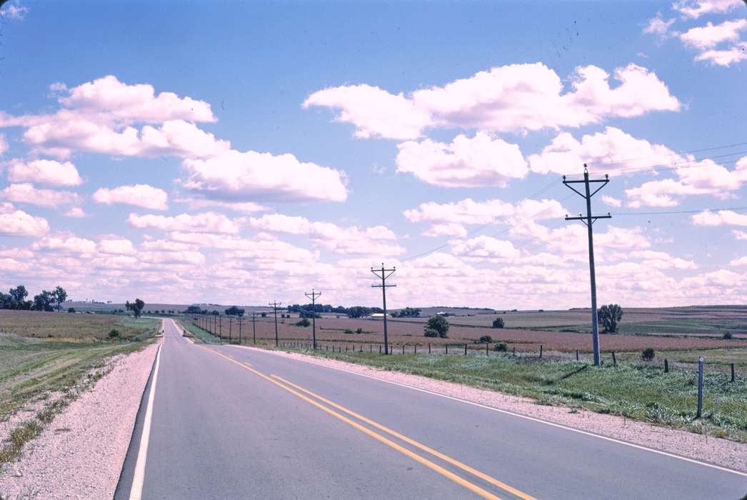 Library of Congress, field, history of Iowa, Landscapes, blue sky, Iowa, power line, road, Iowa History, country, clouds