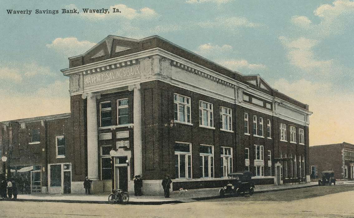 Main Streets & Town Squares, history of Iowa, Iowa History, Meyer, Sarah, Motorized Vehicles, Businesses and Factories, bicycle, car, column, Waverly, IA, Iowa, Cities and Towns, correct date needed, bank