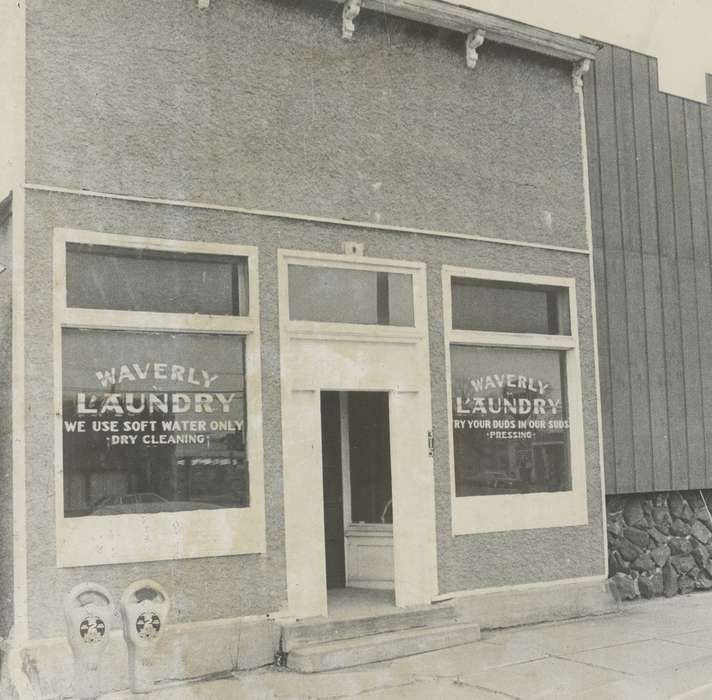 sign, history of Iowa, doorway, stairs, Businesses and Factories, Waverly, IA, Waverly Public Library, Main Streets & Town Squares, Iowa, laundry, correct date needed, building, Iowa History, parking meter, Cities and Towns