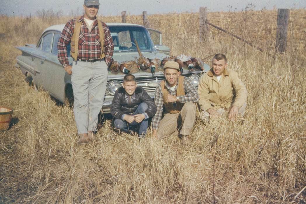 Portraits - Group, chevy bel air, pheasant, Campopiano Von Klimo, Melinda, history of Iowa, Iowa History, Motorized Vehicles, Animals, flannel, bird hunting, Iowa, Outdoor Recreation, ring-necked pheasant, chevy, hunting, USA