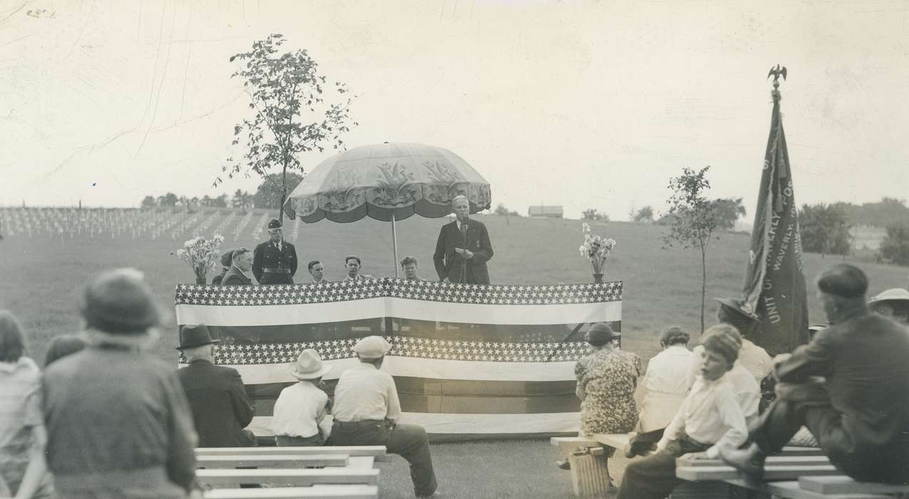 history of Iowa, podium, Cemeteries and Funerals, umbrella, audience, Waverly, IA, Waverly Public Library, speaker, Iowa, harlington, Iowa History, correct date needed