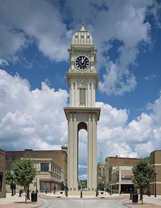 sidewalk, history of Iowa, Library of Congress, brick building, Main Streets & Town Squares, Iowa, Cities and Towns, Businesses and Factories, Iowa History, clock tower, tree