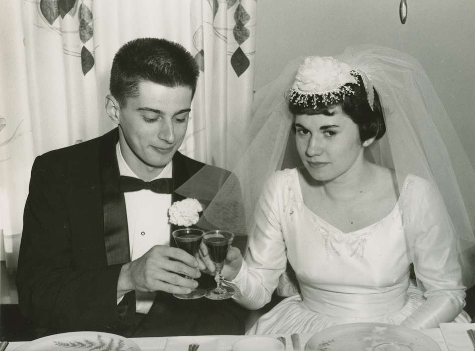 Portraits - Group, cheers, Iowa History, IA, groom, history of Iowa, veil, bride, Iowa, Weddings, Food and Meals, wine, Pfeiffer, Jean