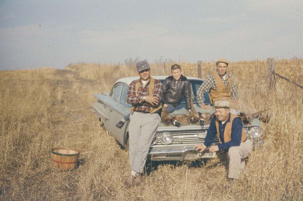 Portraits - Group, chevy bel air, Animals, flannel, ring-necked pheasant, Iowa History, Iowa, Motorized Vehicles, field, hunting, USA, chevy, history of Iowa, Outdoor Recreation, Campopiano Von Klimo, Melinda, bird hunting, pheasant