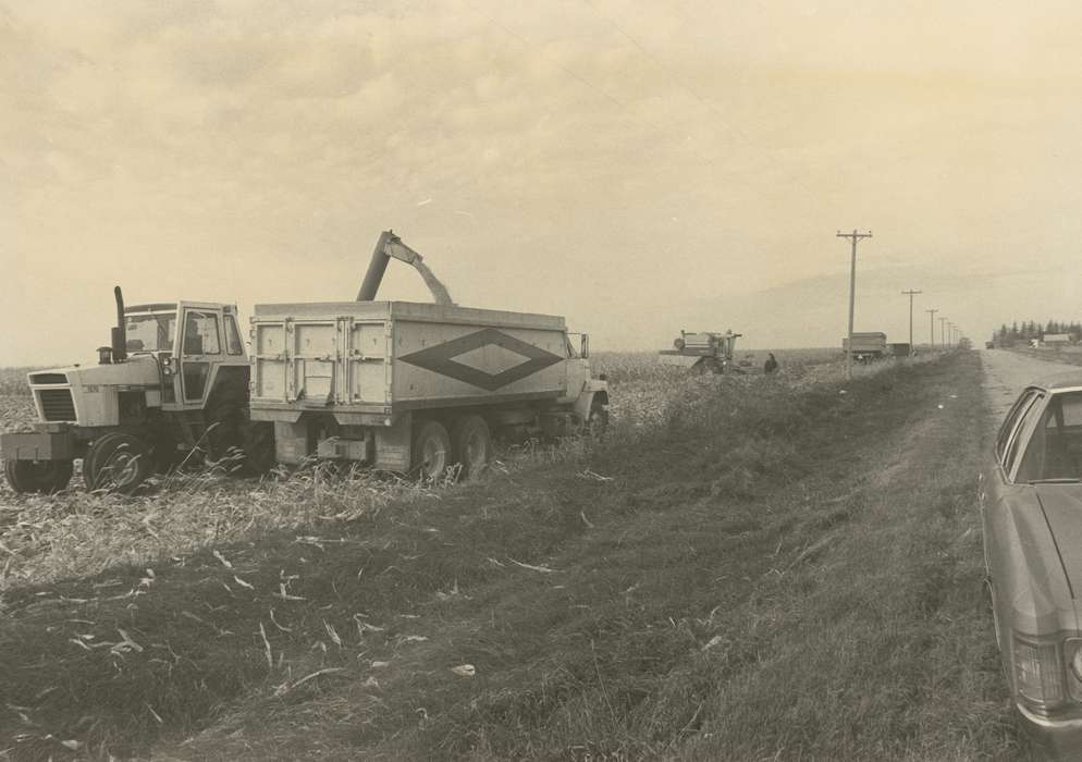 telephone pole, Farming Equipment, history of Iowa, Iowa History, Motorized Vehicles, truck, Waverly, IA, cornfield, wagon, Iowa, Farms, combine, Waverly Public Library, case tractor, Labor and Occupations