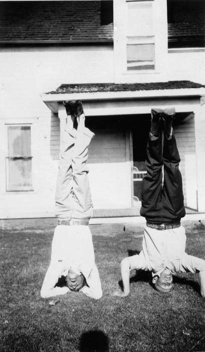 Portraits - Group, history of Iowa, Iowa History, Schall, Michael, Norwalk, IA, headstand, Iowa, upside down, silly, Leisure