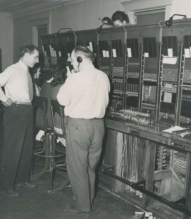 history of Iowa, Iowa History, Businesses and Factories, switchboard, headphones, tie, Waverly, IA, people, Iowa, correct date needed, Waverly Public Library, Labor and Occupations