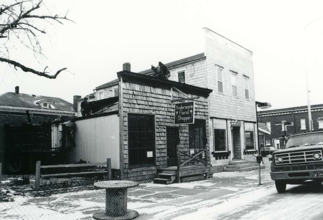 Main Streets & Town Squares, history of Iowa, parking meter, Iowa History, Winter, step, Businesses and Factories, flower shop, spool, wooden fence, Iowa, snow, Waverly Public Library