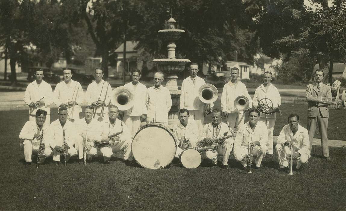 Portraits - Group, trumpet, french horn, saxophone, Iowa, trombone, flute, fountain, drum, clarinet, Anamosa, IA, band, Hatcher, Cecilia, history of Iowa, Iowa History