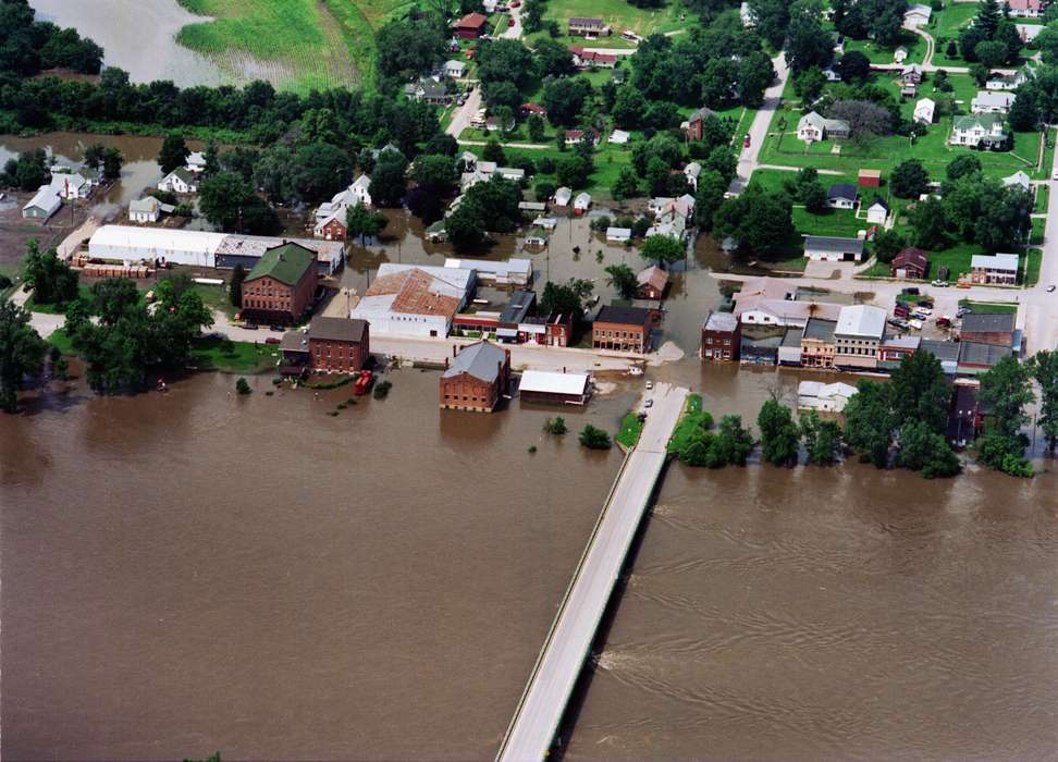 Aerial Shots, Floods, history of Iowa, Lemberger, LeAnn, Main Streets & Town Squares, bridge, Iowa, Cities and Towns, parking lot, field, Bonaparte, IA, Businesses and Factories, Iowa History, downtown, river