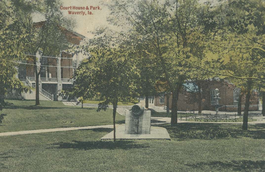 trees, Landscapes, Iowa, water fountain, postcard, Meyer, Sarah, steps, cannon, pillar, power lines, color, Cities and Towns, Waverly, IA, history of Iowa, court house, Main Streets & Town Squares, Iowa History, park