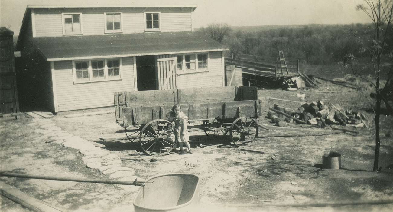 Fredericks, Robert, history of Iowa, Farms, Iowa, Portraits - Individual, Iowa History, Children, Spechts Ferry, IA, barn, wagon, Farming Equipment