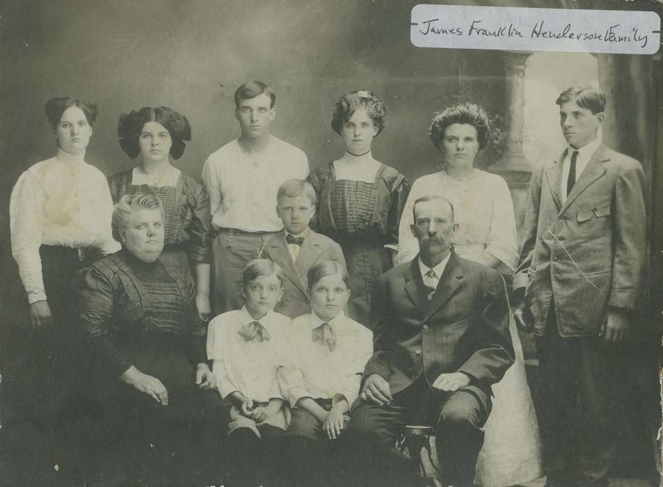 Portraits - Group, history of Iowa, Iowa History, Families, bow, Logan, IA, Iowa, family, Henderson, Dan, twins, mustache, suit