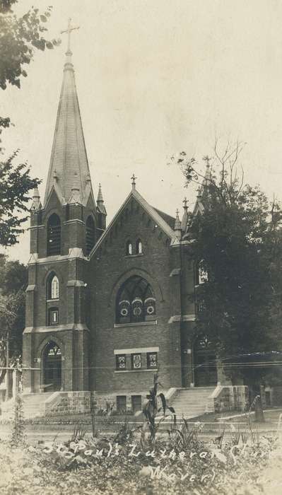 history of Iowa, Religious Structures, Iowa History, Meyer, Sarah, Waverly, IA, crosses, Iowa, Cities and Towns, church, correct date needed, stained glass, steps