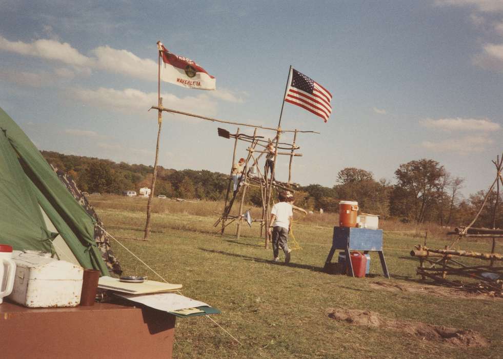 Children, history of Iowa, boy, Waverly Public Library, Waverly, IA, Iowa, Civic Engagement, tent, american flag, Outdoor Recreation, boy scout, tower, Iowa History, camp