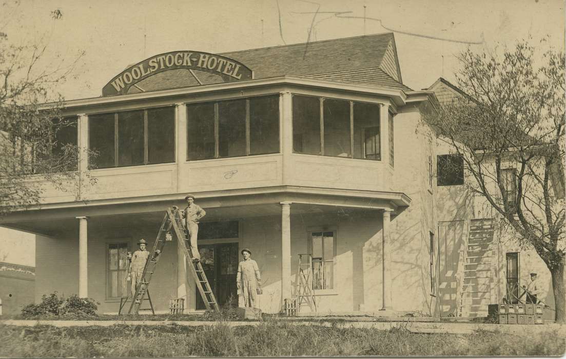 history of Iowa, Iowa History, Woolstock, IA, Businesses and Factories, McCllough, Connie, paint, Iowa, Cities and Towns, Labor and Occupations, ladder, hotel