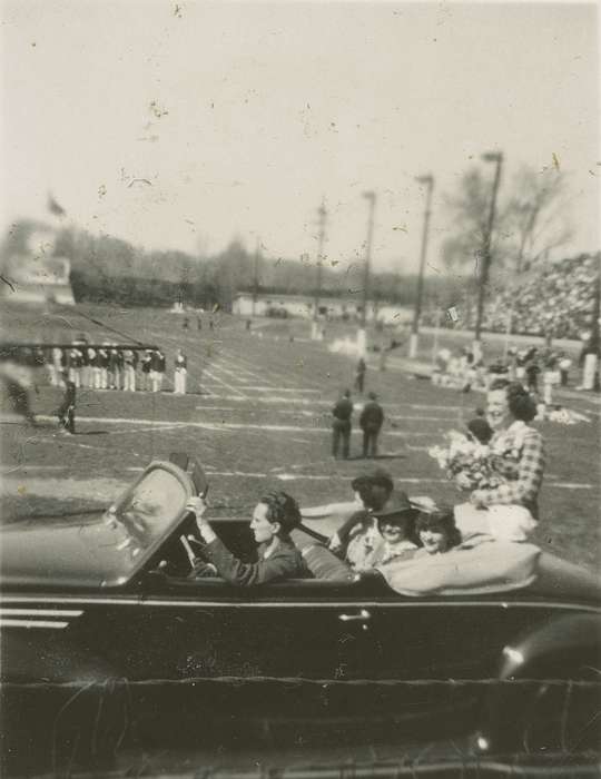 Fairs and Festivals, history of Iowa, Motorized Vehicles, Campopiano Von Klimo, Melinda, convertible, Iowa, football field, parade, drake, Des Moines, IA, Sports, football stadium, Iowa History