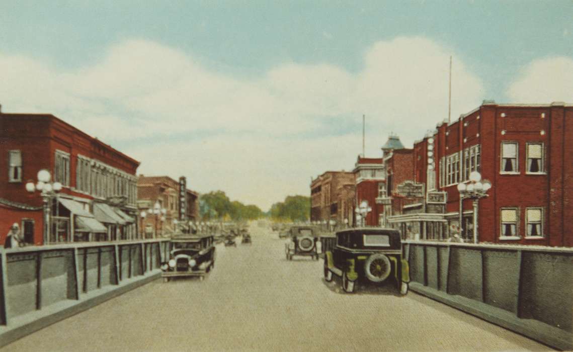 Main Streets & Town Squares, bridge, Iowa History, history of Iowa, automobile, Motorized Vehicles, buildings, Waverly, IA, Iowa, Cities and Towns, Waverly Public Library