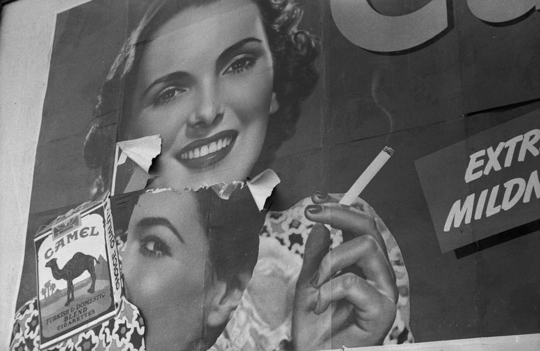 Portraits - Individual, Library of Congress, history of Iowa, mascara, Iowa, billboard, cigarette, advertisement, cigarettes, Iowa History, model, camel