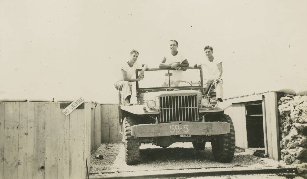 Portraits - Group, Military and Veterans, history of Iowa, Iowa History, Fink-Bowman, Janna, Saipan, Motorized Vehicles, jeep, Iowa