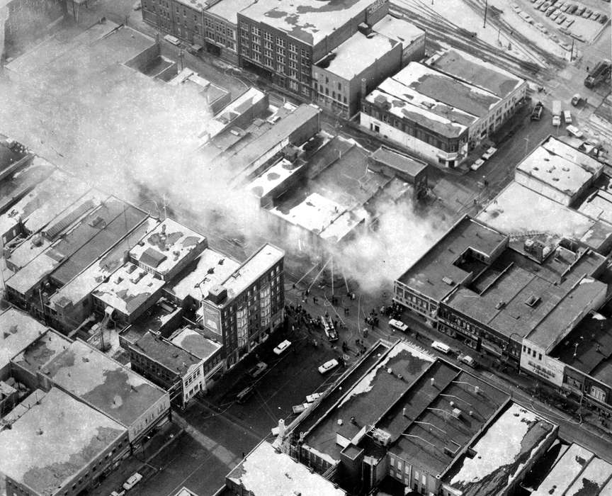 Main Streets & Town Squares, history of Iowa, Iowa History, Ottumwa, IA, Lemberger, LeAnn, Wrecks, Motorized Vehicles, Businesses and Factories, car, fire, Aerial Shots, Iowa, firemen, Cities and Towns, fire engine