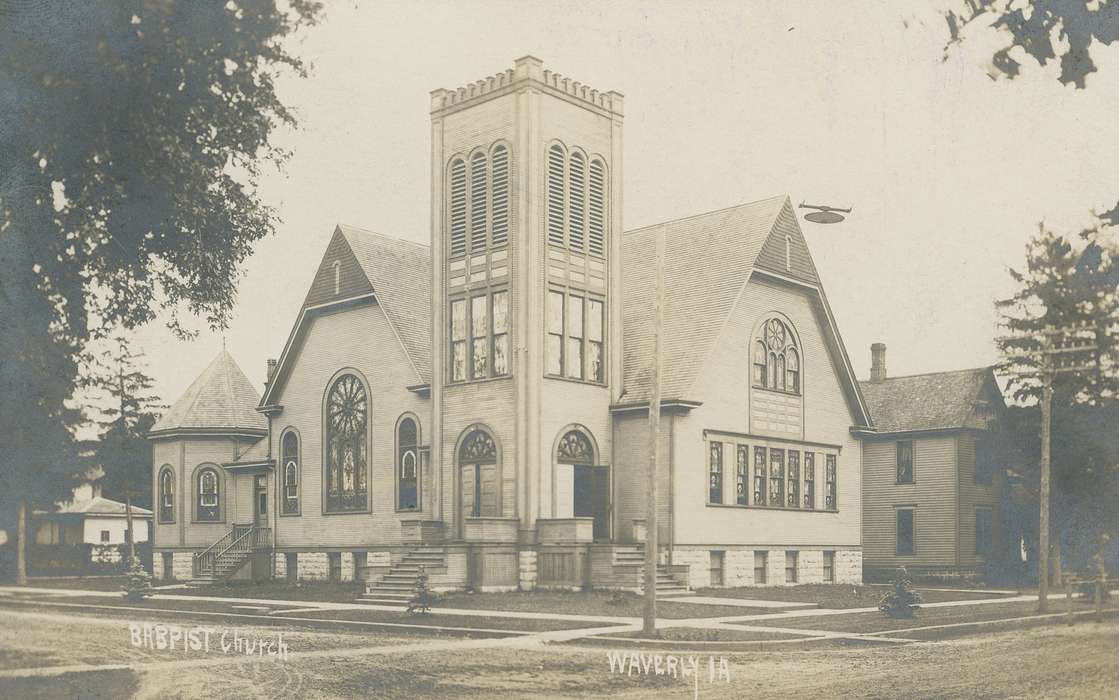 church, Iowa, street corner, sidewalks, Meyer, Sarah, history of Iowa, Cities and Towns, Religious Structures, stained glass, utility pole, Waverly, IA, dirt road, Iowa History