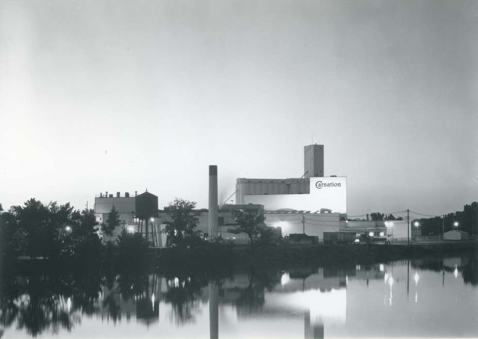 lake, Iowa History, factory, carnation, history of Iowa, Businesses and Factories, Lakes, Rivers, and Streams, Waverly, IA, Iowa, chimney, watertower, Waverly Public Library