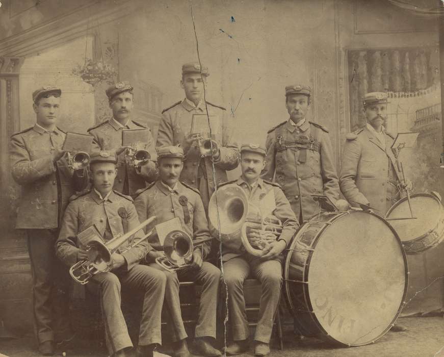 Portraits - Group, history of Iowa, band, instruments, Entertainment, band uniform, Iowa History, musicians, Waverly, IA, Iowa, Waverly Public Library, Labor and Occupations