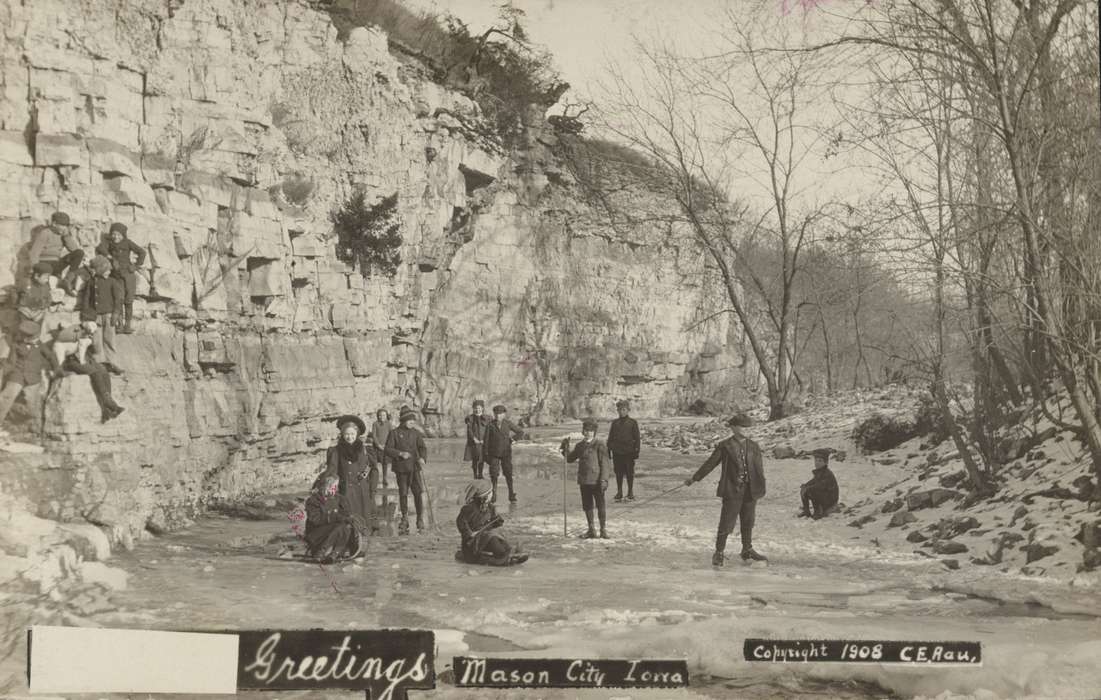 newsboy cap, sled, history of Iowa, Iowa History, Library of Congress, Winter, puppy, cliffside, trees, cliff, Iowa, Outdoor Recreation, stocking hat, ice skating