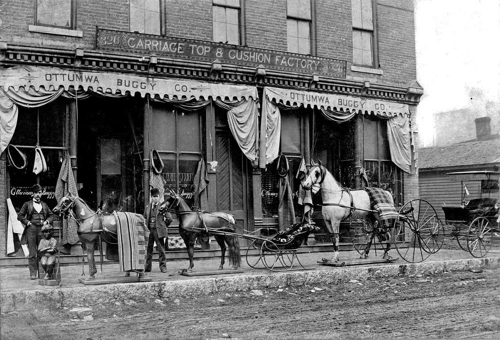 Portraits - Group, Iowa, Animals, storefront, Businesses and Factories, horse, horse and buggy, Lemberger, LeAnn, sign, Ottumwa, IA, history of Iowa, Iowa History