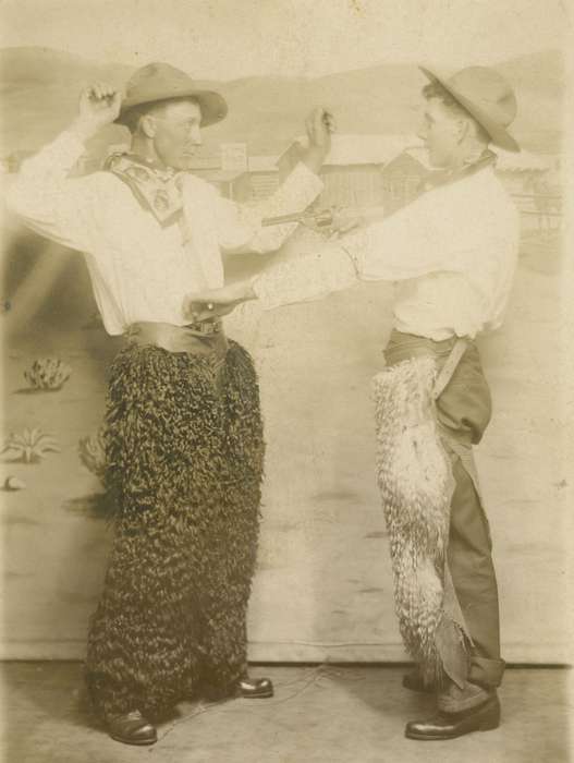 Portraits - Group, cowboy, history of Iowa, Iowa History, cowboy costume, bandana, cowboy hat, gun, hats, Harrison County, IA, Iowa, Henderson, Dan, chaps