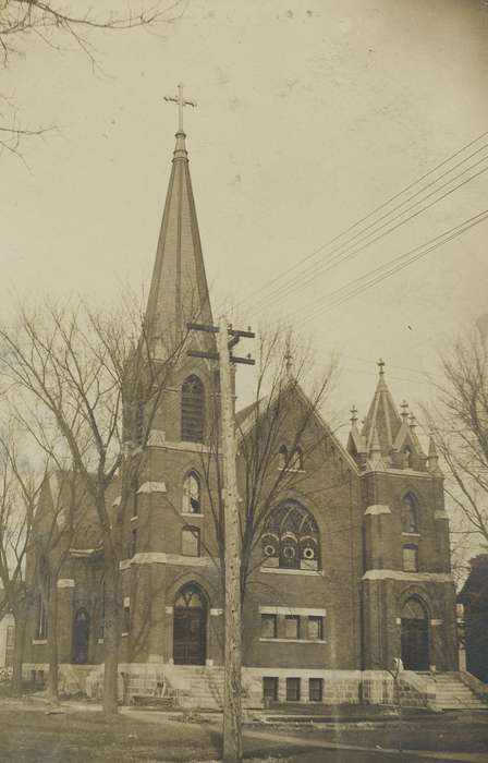 trees, church, Iowa, Meyer, Sarah, crosses, history of Iowa, power lines, Cities and Towns, Religious Structures, stained glass, utility pole, Waverly, IA, Iowa History