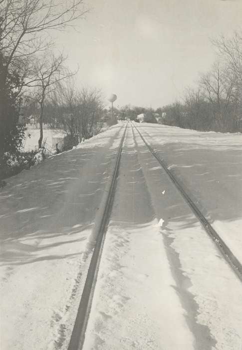 railroad bridge, Waverly Public Library, history of Iowa, Iowa, snow, railroad track, Iowa History, water tower, winter, Waverly, IA