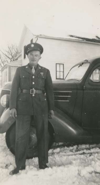 uniform, history of Iowa, snow, Motorized Vehicles, Lourdes, IA, Nibaur, Peggy, Iowa, car, Portraits - Individual, Military and Veterans, Iowa History, Winter