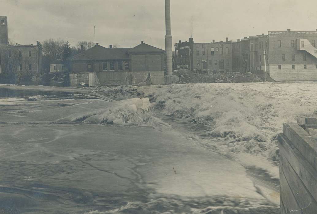 Waverly, IA, cedar river, history of Iowa, ice, brick building, Main Streets & Town Squares, Iowa, Lakes, Rivers, and Streams, correct date needed, Businesses and Factories, dam, downtown, Waverly Public Library, river, Iowa History, Winter