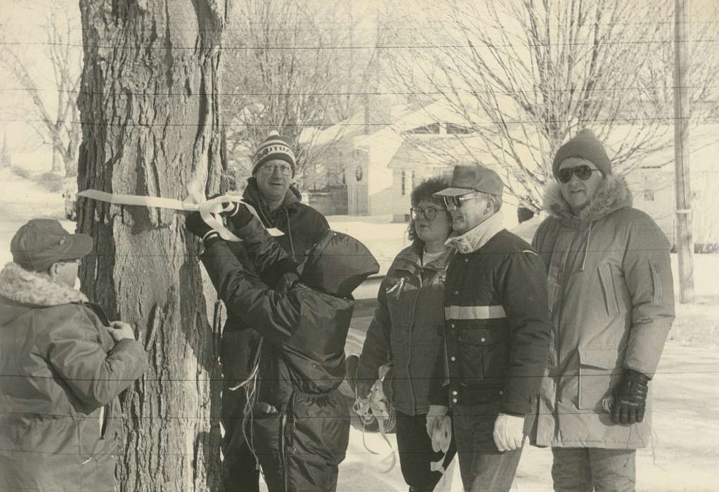 history of Iowa, Military and Veterans, hat, tree trunk, Portraits - Group, winter coat, Waverly Public Library, Iowa, Civic Engagement, ribbon, Winter, sunglasses, Iowa History, glasses, Janesville, IA