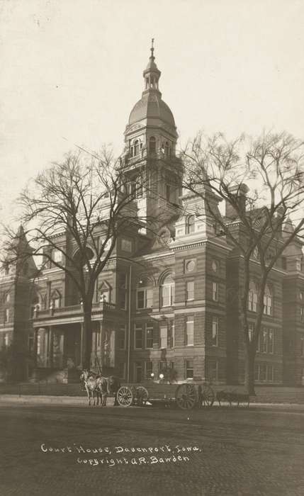 Library of Congress, history of Iowa, window, Main Streets & Town Squares, Iowa, horse, steeple, court house, trees, Prisons and Criminal Justice, Iowa History, carriage, Cities and Towns, architecture