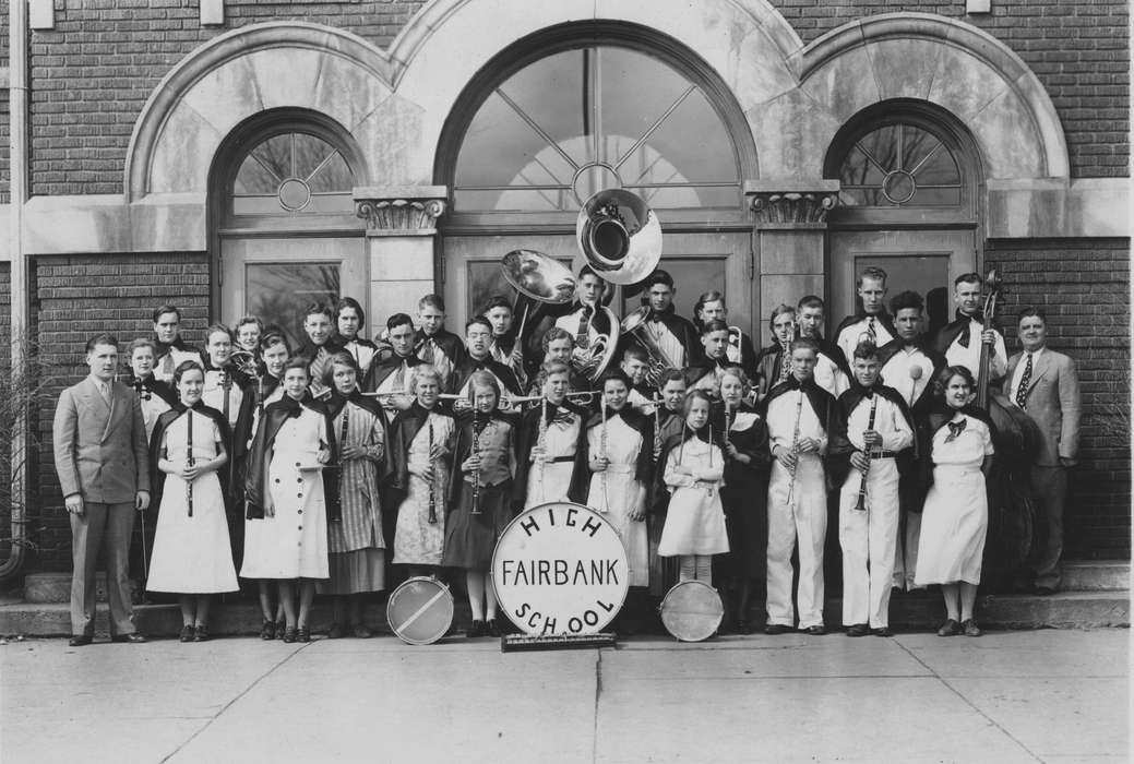 Portraits - Group, history of Iowa, band, instruments, Iowa History, Fairbank, IA, Iowa, King, Tom and Kay, Schools and Education