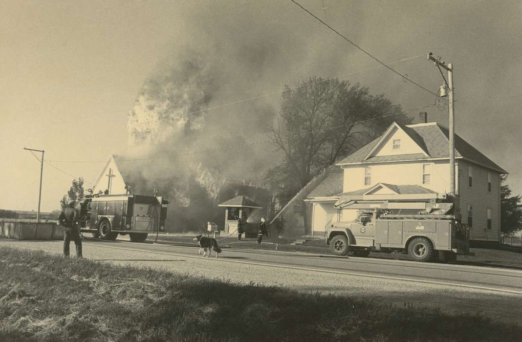 Labor and Occupations, Religious Structures, Wrecks, Waverly Public Library, Iowa History, church, history of Iowa, house, Siegel, IA, Iowa, Motorized Vehicles, dog, fire, fire truck, fireman, fire engine