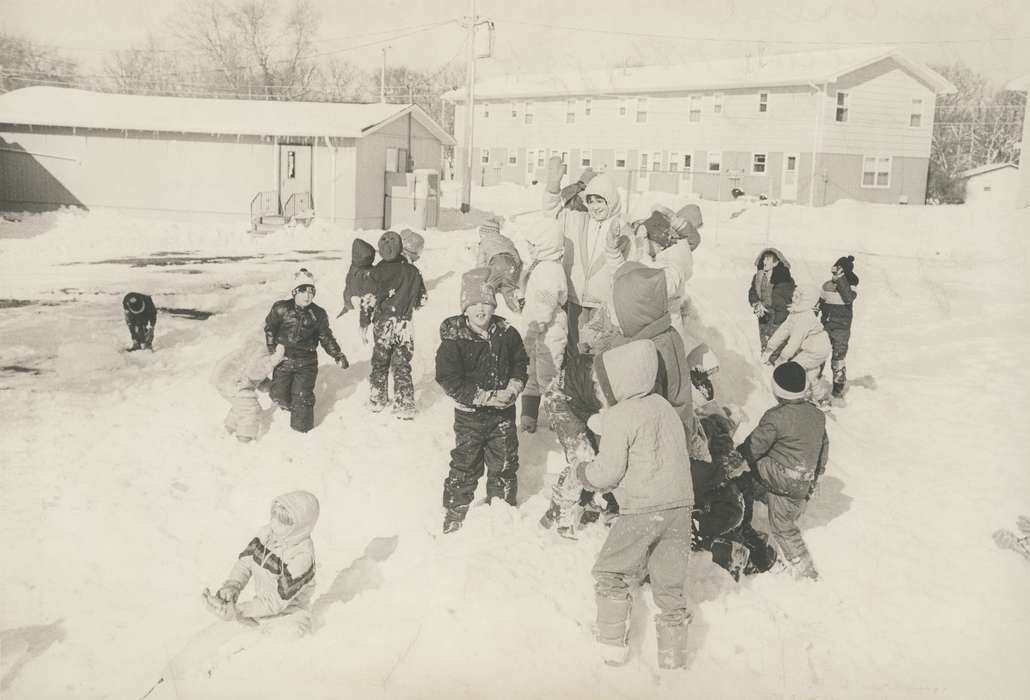 Children, playing, history of Iowa, Waverly Public Library, snow, Waverly, IA, Iowa, playground, Iowa History, children, portable school room, winter