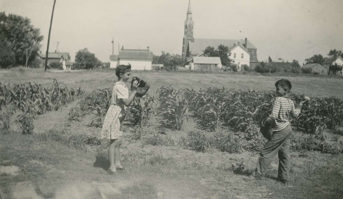 Outdoor Recreation, Lourdes, IA, church, Iowa, Children, Nibaur, Peggy, Sports, Cities and Towns, Religious Structures, corn, history of Iowa, baseball, Iowa History