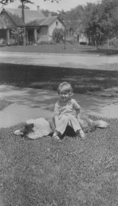 sidewalk, child, dog, Homes, history of Iowa, lawn, Animals, yard, girl, Iowa, neighborhood, Mullenix, Angie, Children, Iowa History, Vinton, IA