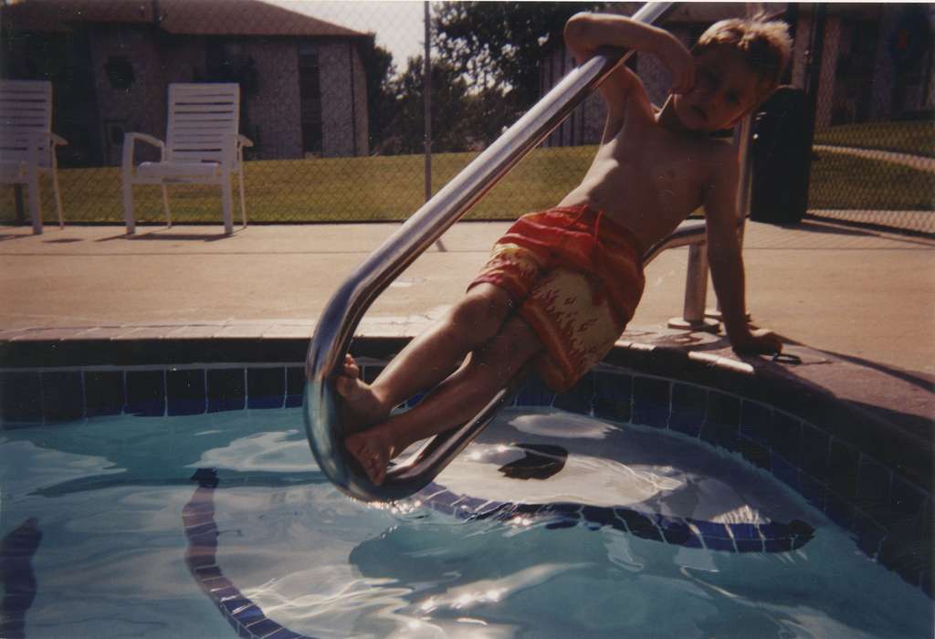 swimsuit, Iowa History, railing, Leisure, bathing suit, Children, pool, fence, Iowa, lawn chair, history of Iowa, Portraits - Individual, swimming suit, Scholtec, Emily, IA