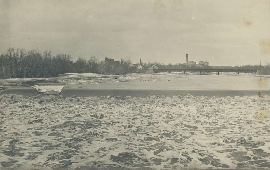 landscape, bridge, Iowa History, history of Iowa, Winter, Lakes, Rivers, and Streams, Waverly, IA, cedar river, winter, smokestack, Iowa, Landscapes, correct date needed, Waverly Public Library, ice