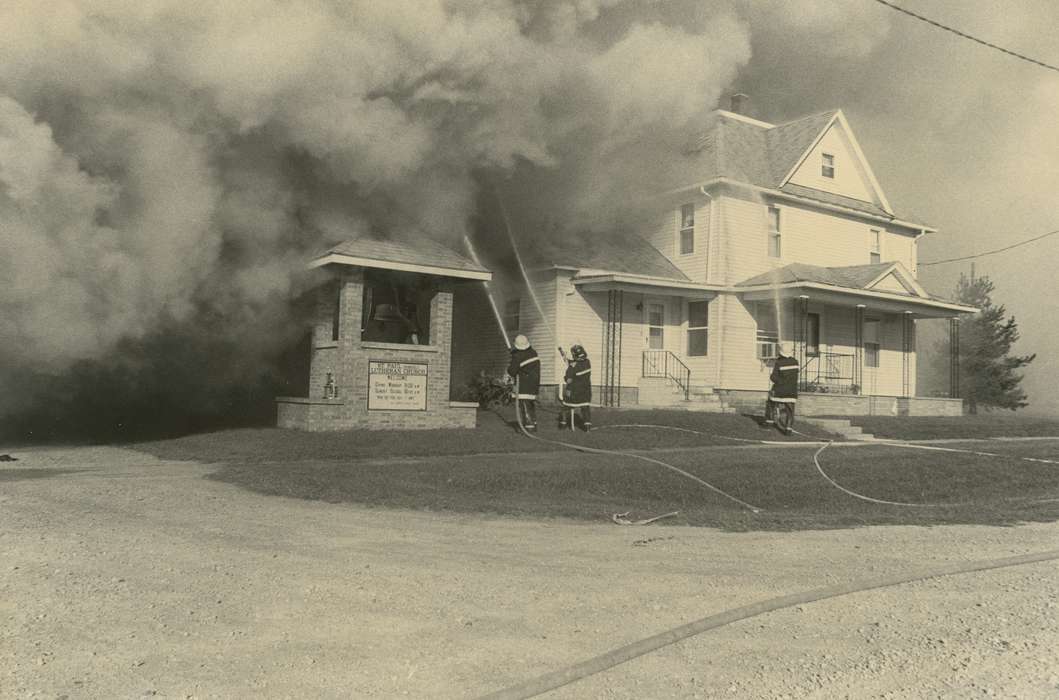 Labor and Occupations, Homes, Religious Structures, Wrecks, Waverly Public Library, Iowa History, church, history of Iowa, Siegel, IA, house, Iowa, fireman