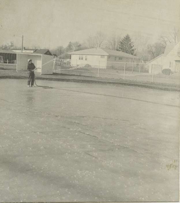 hose, Waverly Public Library, history of Iowa, Iowa History, Waverly, IA, ice rink, building, water, Iowa, hat, ice skating, Labor and Occupations