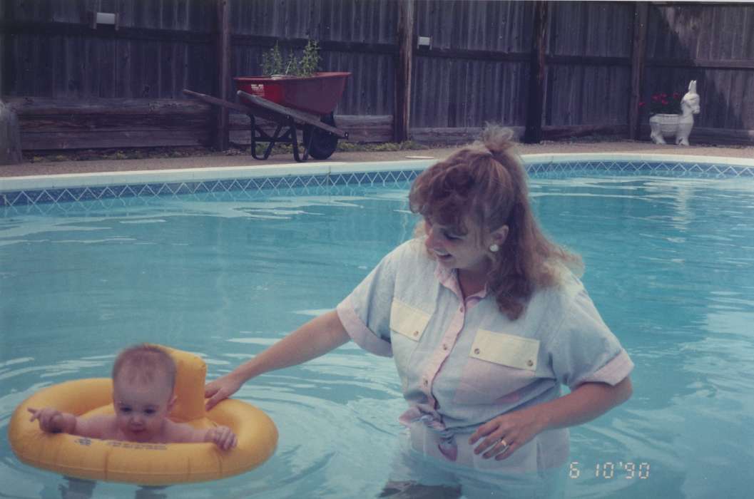 swimming, pool, history of Iowa, Iowa History, mother, Tjemeland, Karen, swimming pool, Ely, IA, Iowa, floaty, Children, Leisure, baby