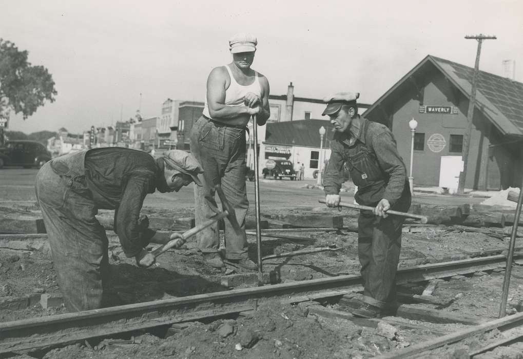 history of Iowa, hat, Waverly Public Library, Waverly, IA, Main Streets & Town Squares, Iowa, car, Motorized Vehicles, train track, building, Iowa History, correct date needed, Cities and Towns, outfit, Labor and Occupations