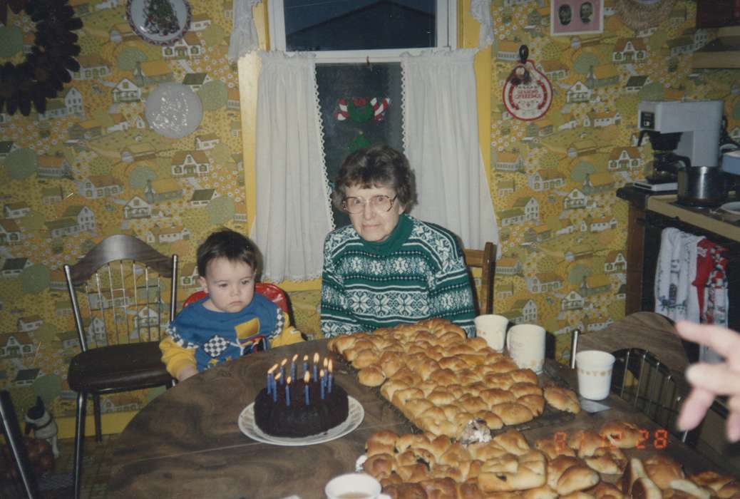 Portraits - Group, desserts, cake, Families, birthday, candles, Holidays, Nibaur, Peggy, Lourdes, IA, Food and Meals, bread, rolls, history of Iowa, kitchen, Iowa History, wallpaper, Iowa, Homes, Children