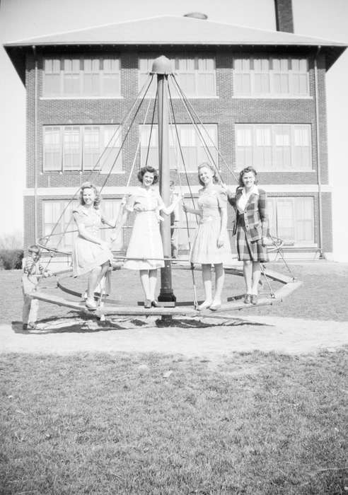 Portraits - Group, Iowa History, medart ocean wave, Iowa, Schools and Education, Oelwein, IA, playground, equipment, friends, Kringlen, Linda, history of Iowa